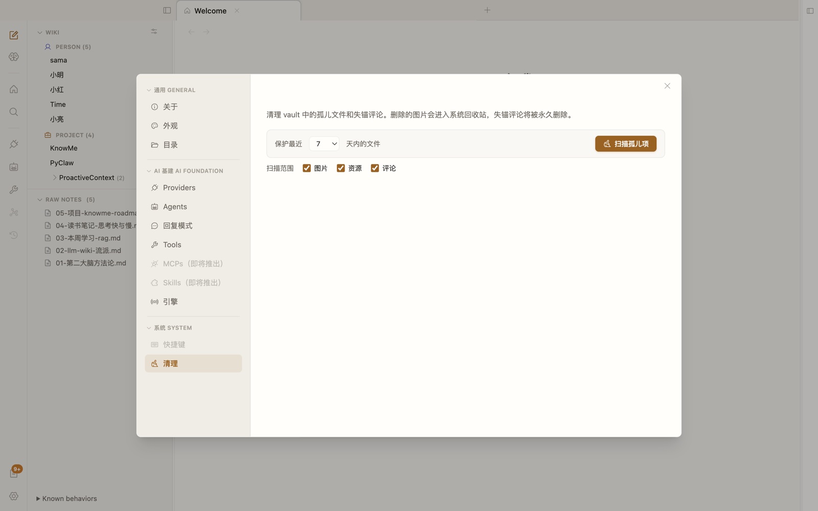 清理 / 维护屏幕，扫描范围 + 保留窗口