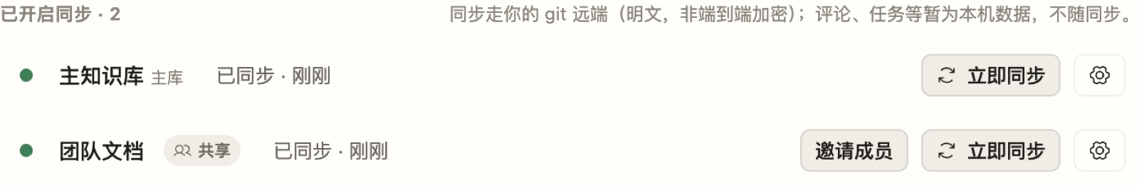 设置 → 同步 页:已开启同步的共享空间,带 👥 标记与「邀请成员」入口